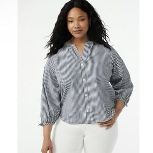 Free Assembly Navy White‎ Gingham 3/4 Sleeve Gathered Button Up Poplin Top M